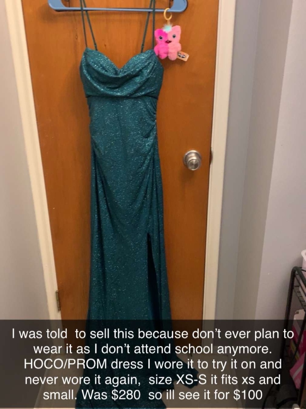 Sparkly Teal Prom/Hoco dress with subtle leg/thigh slit.